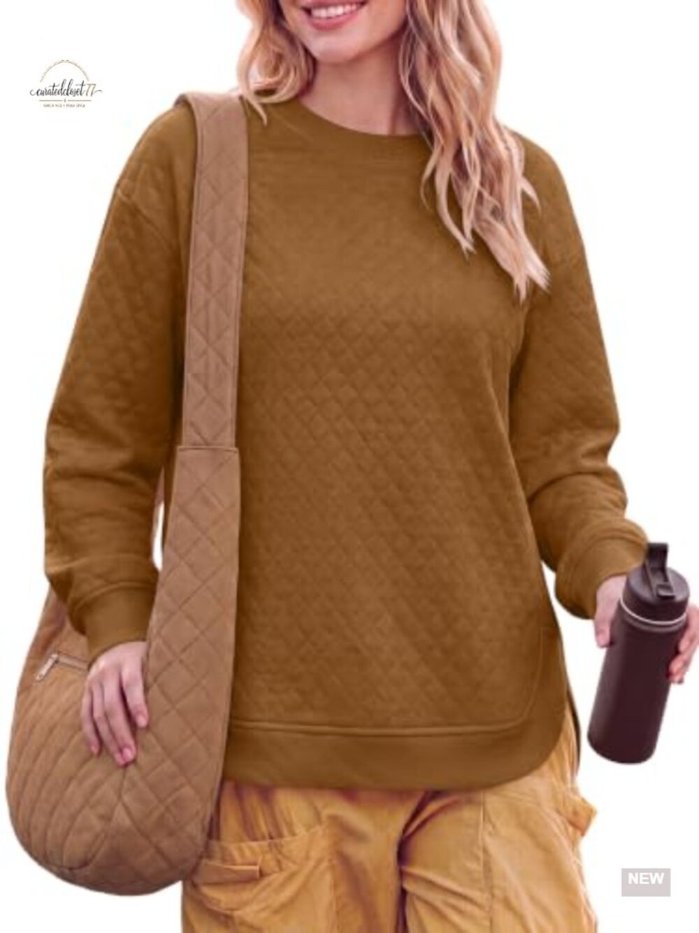Women's Quilted Long Sleeve Lightweight Sweatshirt Crew Neck Pullover